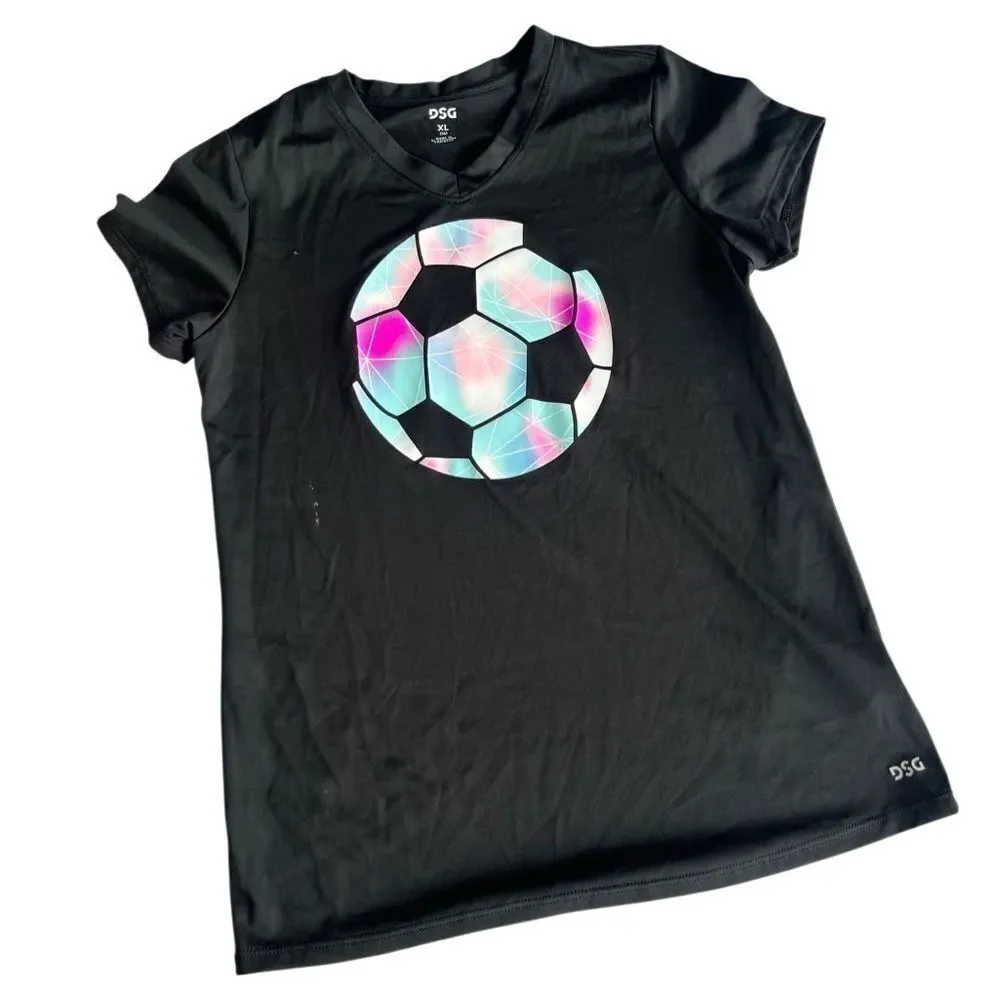 🌴 DSG Girls Black Soccer Graphic Athletic Tee | Size XL (16)